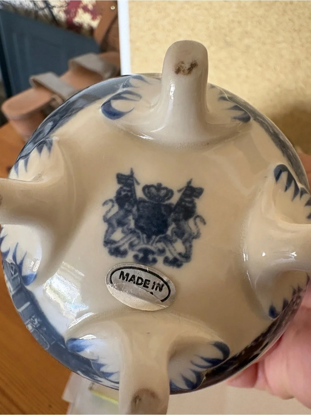Vintage Blue and White Porcelain Teapot with Handle